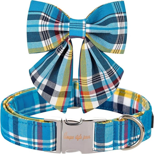 Unique style paws Blue Plaid Dog Collar with Bow Cute Puppy Collar for Small Medium Large Dogs as Autumn Winter Pet Gifts-XS