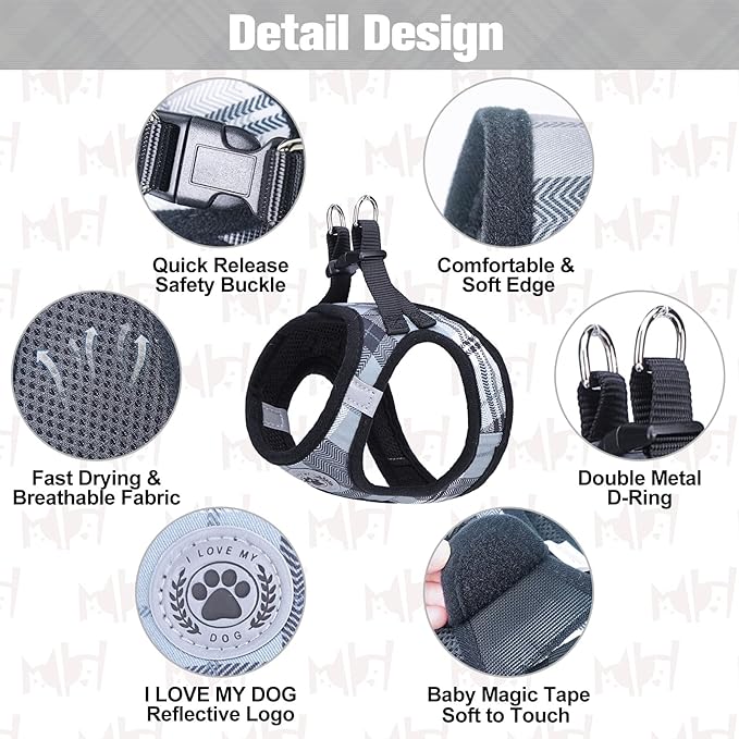 BEAUTYZOO Small Dog Harness and Leash Set,Step in No Choke No Pull Soft Mesh Dog Harnesses Reflective for Extra-Small Medium Puppy Dogs and Cats, Plaid Dog Vest Harness for XS S Pets, Grey XS