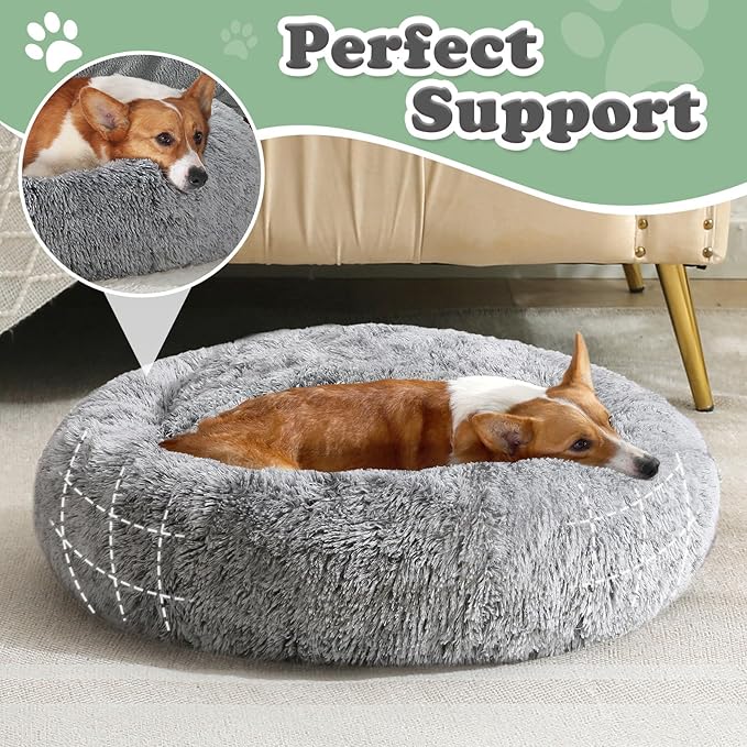 JOLLYVOGUE Dog & Cat Bed, Calming Anti-Anxiety Pet Bed for Small Dogs, Fluffy Donut Cushion for Small and Medium Pets (24")