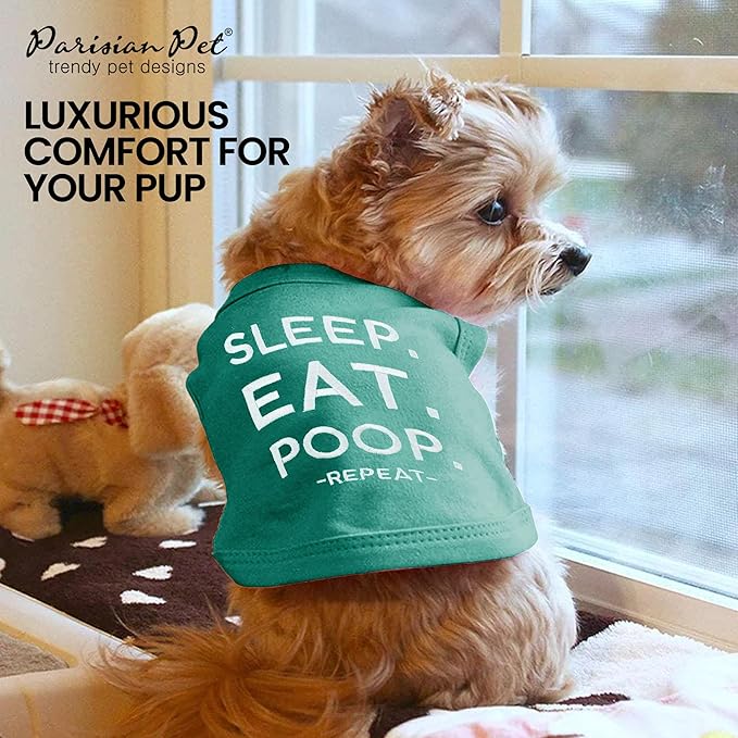 Parisian Pet Unisex Dog Tshirt - Embroidered “Sleep, Eat, Poop, Repeat“ Dogs Clothes - Lightweight Dog Tank Top - Cotton, Sleeveless Doggy Tee Shirts - Machine Washable Shirts for Medium Dogs - M