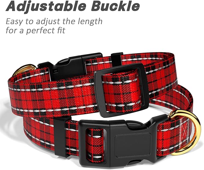 Reflective Dog Collar for Large Dogs, Cute Boho Adjustable Heavy-Duty Nylon Puppy Collar for Boy and Girl Female, Soft Pet Accessories with Quick Release Buckle, Black Red Tartan