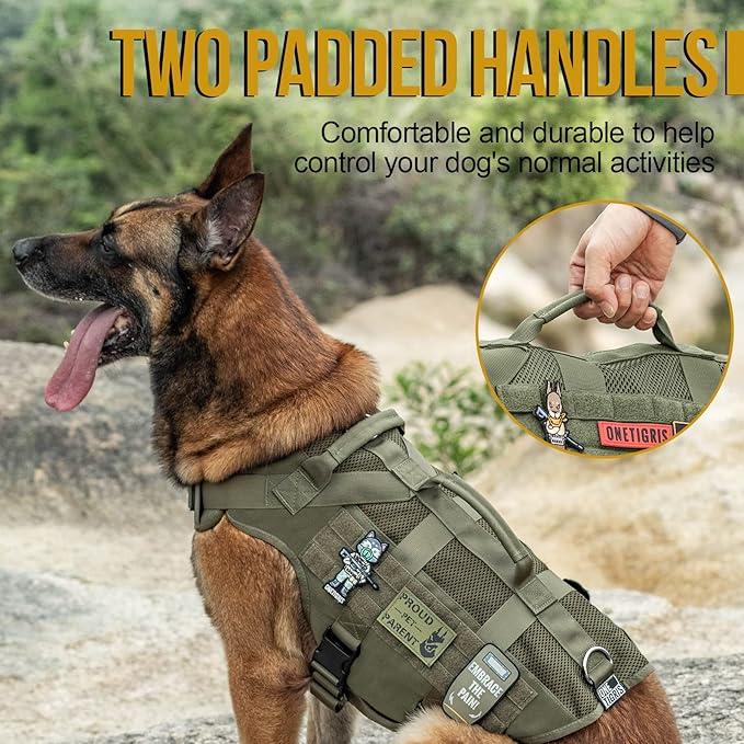 OneTigris No Pull Tactical Dog Harness for Medium Dog, Aire Mesh Service Dog Harness Breathable Military Dog Molle Vests with Handles, Service Dog Vest Harness for Walking Hiking Training Green