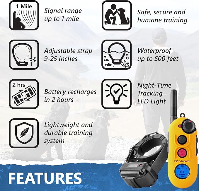 E-Collar Educator EZ-900-1/2 Mile Remote Waterproof Dog Trainer - Static, Vibration and Sound Stimulation Collar with PetsTEK Dog Training Clicker