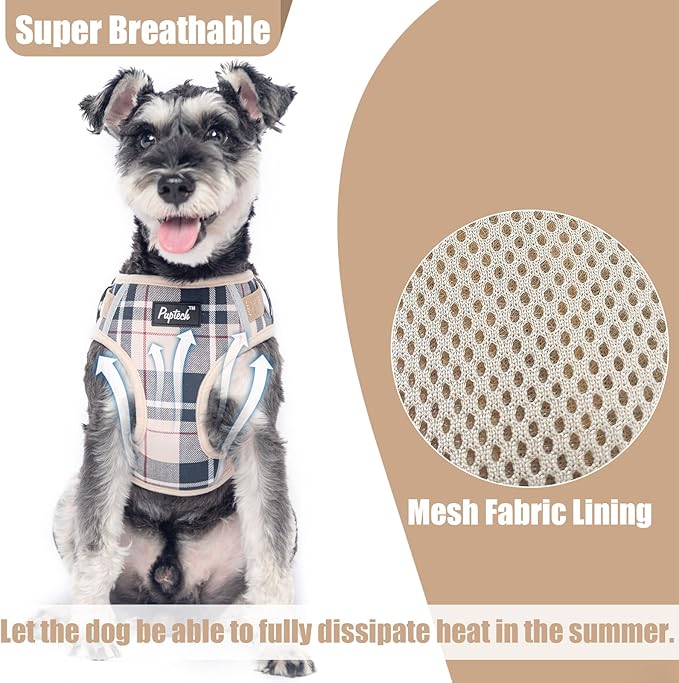 PUPTECK Dog Harness and Leash Collar Set for Small Medium Dogs Puppy and Cats Walking No Pull Adjustable Reflective Soft Mesh Padded Plaid Harnesses Pet Accessories, Beige, L