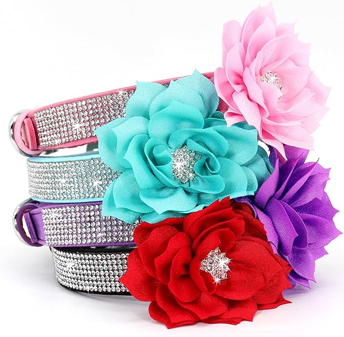 PET ARTIST Bling Dog Collars for Small Puppy Dogs, Sparkling Rhinestone Dog Collar Leather with Flower, Soft & Cute Blue Pet Collars for Male Dogs Walking Party Wedding,S