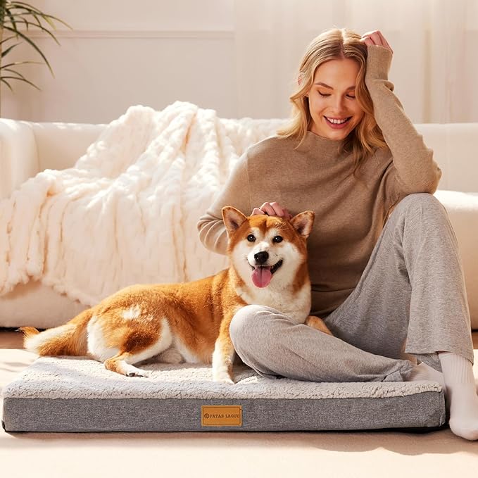 Patas Lague Orthopedic XL Dog Bed for Large Dogs 42''X28'', Soft Comfortable Waterproof Egg Crate Foam Big Large Pet Beds Mat with Removable Washable Cover, Ivory