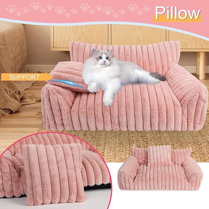 Cute Cat Couch Bed for Indoor Cats, Fluffy Pet Cat Sofa with Premium Soft Corduroy Fleece, Cute Small Dog Beds for Small Dogs, Fuzzy Puppy Chair with Removable Washable Cover (30x20x10,Pink)