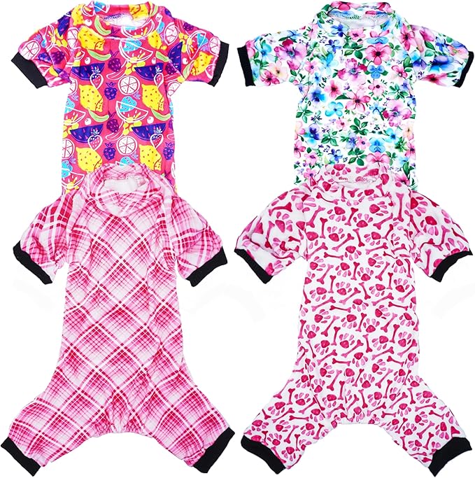 PET SHOW 4 Pack Small Dog Pajamas Cute Paw Bone Clothes Doggies Soft Stretchy PJs Plaid Jumpsuit Puppy Cats Floral Fruits Onesies Outfits with Sleeve Pets Dachshund Costume(XS, Pink for Girls)