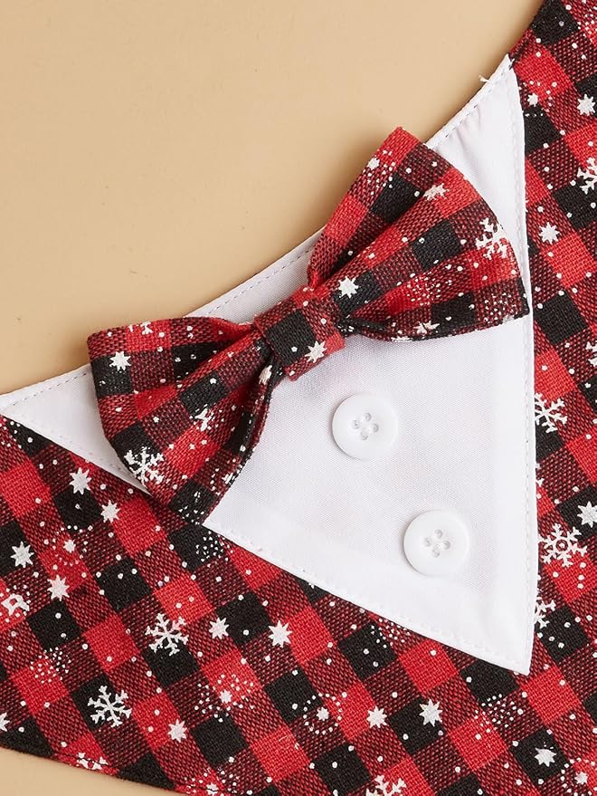 Adjustable Red Plaid Christmas Dog Tuxedo Bandana with Bow Tie - Holiday Pet Outfit Costume for Dogs XS to XL
