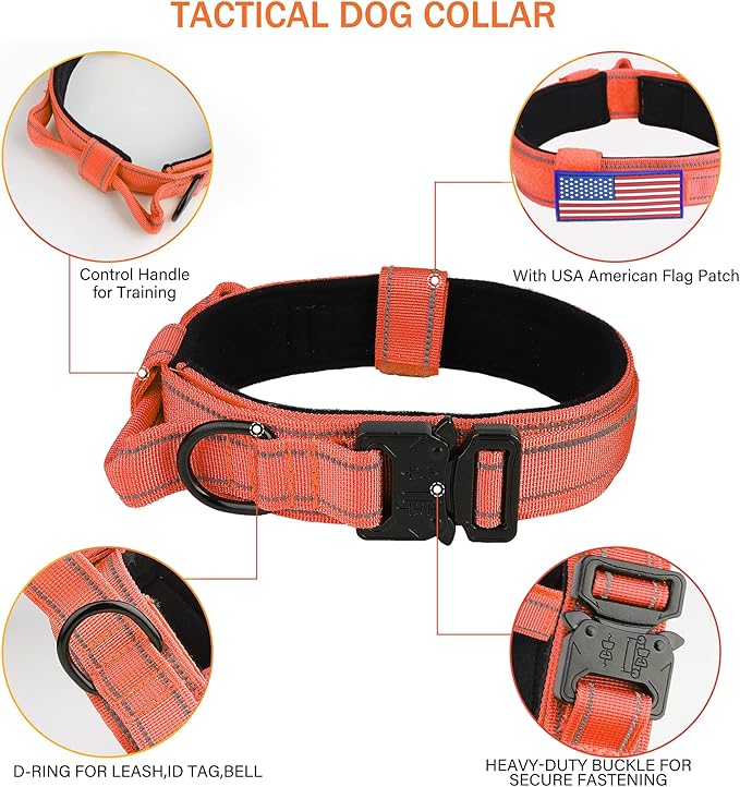 KCUCOP Tactical Dog Collar for Medium & Large Dogs - Military Nylon Heavy Duty Collar with Handle, Reflective Strip & Metal Buckle for Training, Outdoor (Orange Reflective, Large)