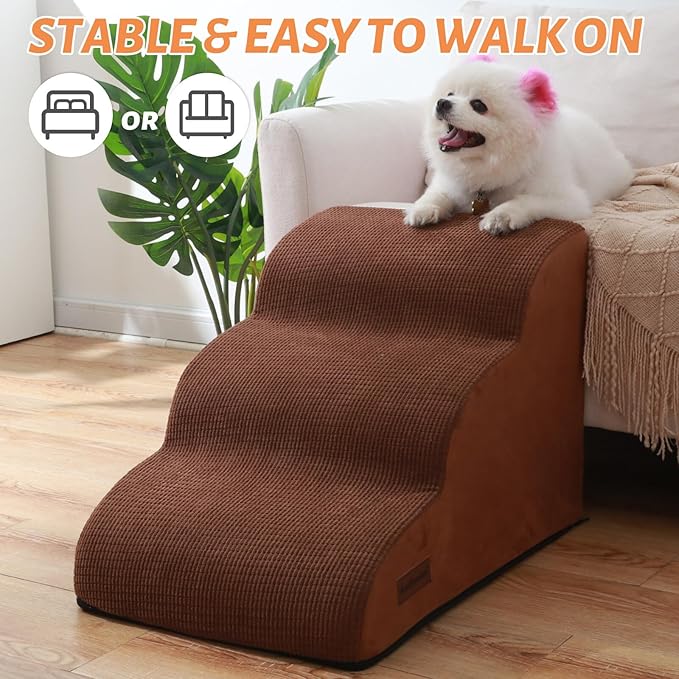 3-Step Dog Ramp and Stairs for Sofa and Chair - Non-Slip Sturdy Pet Steps for Small Dogs and Cats,15.7" H,Brown