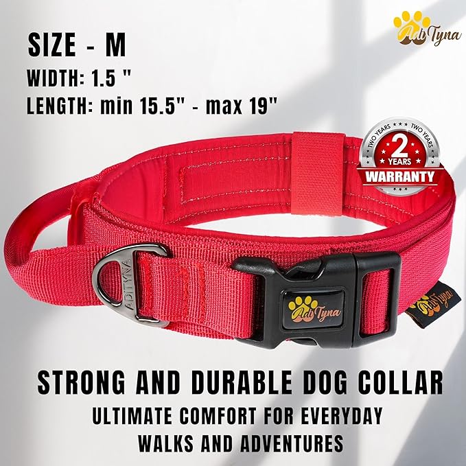 ADITYNA Tactical Dog Collar for Medium Dogs - Soft Padded, Heavy Duty, Service, Adjustable, Military, K9 Red Medium Collar with Handle for Training and Walking