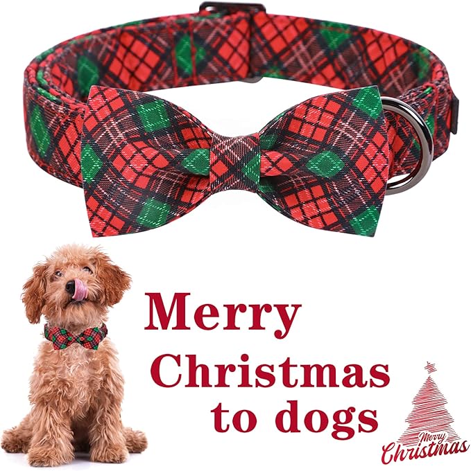 Unique style paws Christmas Dog Collar with Bow Tie Red Green Plaid Adjustable Cotton Puppy Collar for Small Medium Large Dogs-XS