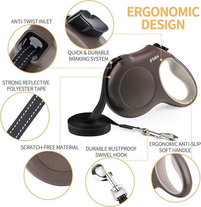 Fida Retractable Dog Leash, 16ft Heavy Duty Pet Walking Leash for X-Small/Small/Medium/Large Dog or Cat up to 110 lbs, Tangle Free. One-Hand Brake (Large, Coffee)