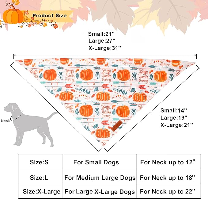 ADOGGYGO Thanksgiving Dog Bandana, Fall Leaves Pumpkin Pet Scarf, Premium Durable Fabric, Adjustable Fit Thanksgiving Bandanas for Medium Large Dogs Pets (Large)