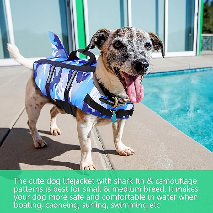 Queenmore Dog Life Jacket Pet Safety Vest High Buoyancy Camouflage Color Cute Shark with Strong Rescue Handle and Leash Ring for Boating, Canoeing, Surfing, Hunting, Blue L