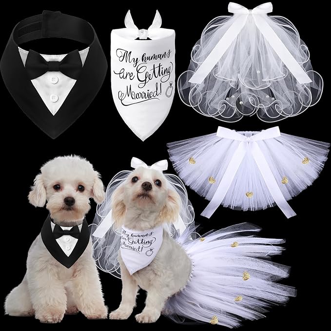 4 Pcs Dog Wedding Costume Set Include Veil with Clip, Bandana, Skirt, Adjustable Formal Bandana with Bowtie for Dog Bride Bridegroom Outfit Wedding Party(Medium)