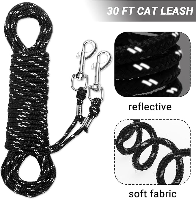 Cat Leash - 15 ft / 30 ft Reflective Long Cat Leash Outdoor for Walking Training Playing - Escape Proof Yard Lead Pet Leash Also for Cats, Small Dogs, Puppy, Kitten, Rabbit