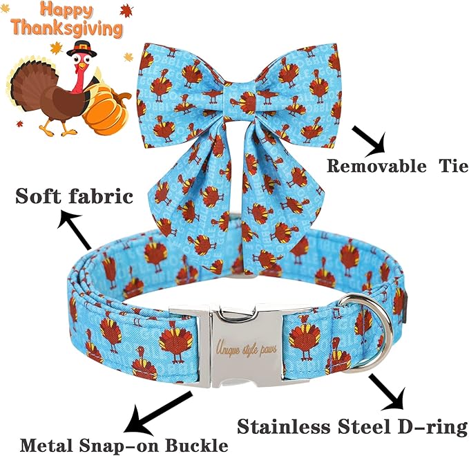 Unique style paws Thanksgiving Dog Collar with Bow Tie Blue Turkey Puppy Collar for Small Medium Large Dogs as Autumn Winter Pet Gifts-XS