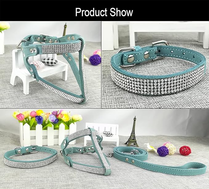 Dog Collar & Harness & Lead Sets Fashion Dog Collar Diamante with Harness & Leashes Comfortable Soft Collar Harness and Leashes Set for Dog - Blue - XS