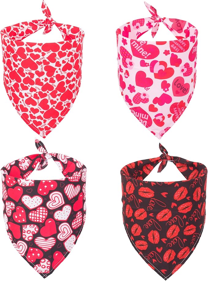 ADOGGYGO 4 Pack Valentine Dog Bandana Triangle Pet Scarf Red Pink Heart Pattern Valentine Bandanas for Medium Large Dogs (Large)