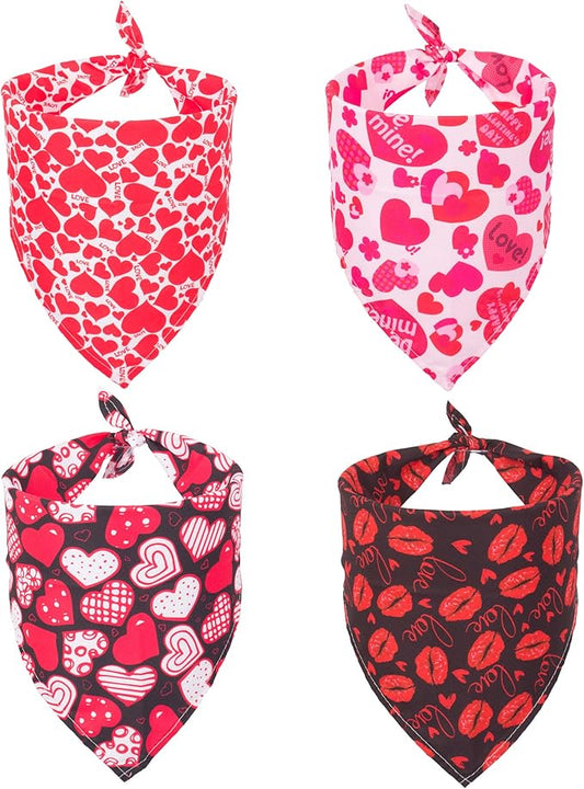 ADOGGYGO 4 Pack Valentine Dog Bandana Triangle Pet Scarf Red Pink Heart Pattern Valentine Bandanas for Medium Large Dogs (Large)