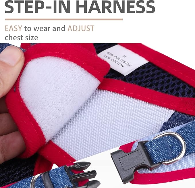 PUPTECK Dog Harness and Leash Set for Small Medium Dogs No Pull Step-in Soft Mesh Puppy Cat Vest Harnesses Reflective at Night, Denim NavyBlue S