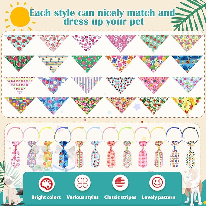 72 Pcs Dog Bandanas Tie Set Summer Bulks Pet Scarves with Fruit Floral Pattern Adjustable Cute Dog Triangle Scarfs Neck Ties for Holiday Birthday Accessories