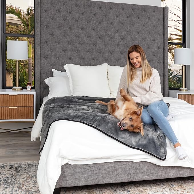 Waterproof Faux Fur Dog Blanket - Waterproof Dog Blanket for Bed, Couch or Dog Crate - Grey [50"x60"]