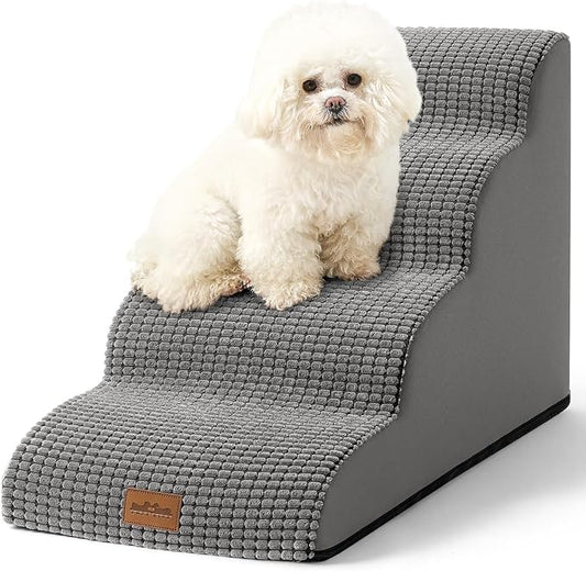 Dog Stairs for Small Dogs 19.7" H, Curved Dog Step for Puppy, Older or Cat, Medium Pet Ramp for Sofa, Couch or Bed, Ladder with High Density Foam, 15.7x28.3x19.7 inch, 4 Step, Light Grey
