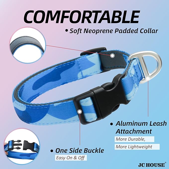 Soft Padded Dog Collar, Neck 12’’-20’’, Adjustable Heavy Duty Collar with 3M Reflective Logo for Medium, Large Dogs, Camo Blue, Medium
