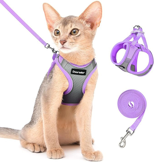 Dooradar Cat Harness and Leash Set, Escape Proof Lightweight Kitten Harness, Soft Breathable Reflective Vest for Outdoor Walking Traveling, Adjustable for Medium Cats, Grey & Purple, M