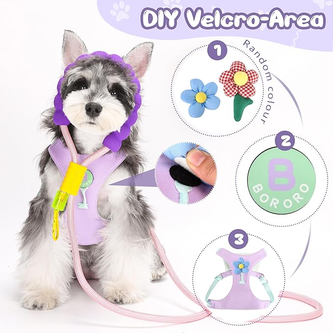 Dog Harness and Leash Set with 2 Flower Patches, No Pull Adjustable Puppy Harness, Step in No Chock Dog Vest for Small Medium Dogs Puppy and Cats(Khaki, S)