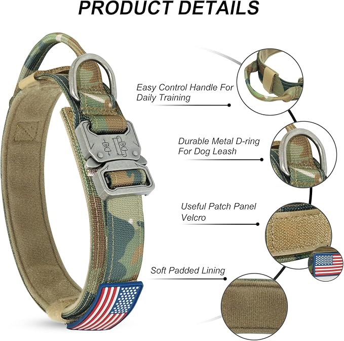 Hotsky Tactical Dog Collar, Adjustable Military Training Nylon Airtag Collar with Handle and Heavy Duty Metal Buckle for Medium Large Dogs, with Airtag Holder and Two Patches（Camo,M）