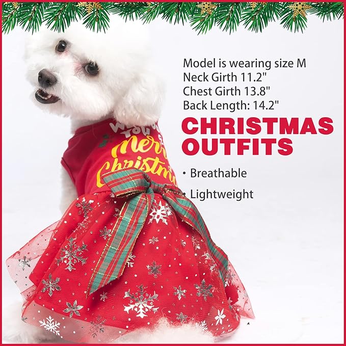 PUPTECK Dog Christmas Dress Outfit Puppy Costume Cute Small Dogs Clothes with Bowknot Skirt Pajamas