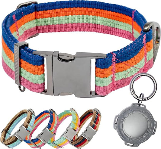 ADITYNA Cotton Dog Collar with AirTag Holder - Heavy-Duty Metal Buckle, Breathable, Easy Adjustable for Large & Extra-Large Breeds - for Walking, Training (Bright Rainbow, Fits 19-30" Necks)