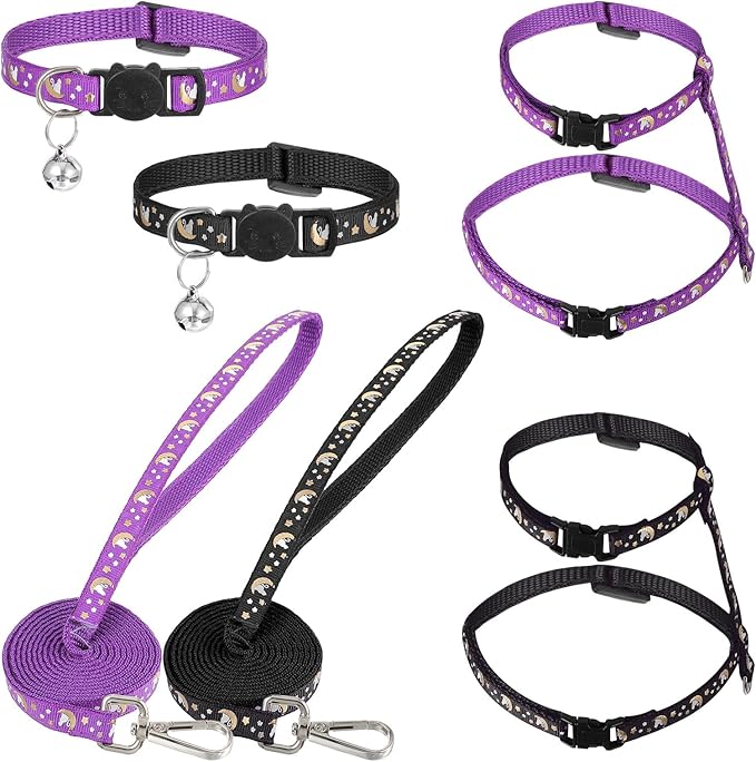 2 Pack Adjustable Cat Harness with Collar Set, Escape Proof Harness Comfortable Soft Neck Release Harnesses Glow in The Dark for Small Medium Cats