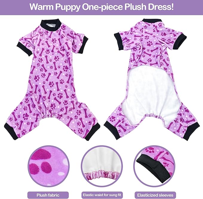 PET SHOW 4 Pack Small Dog Pajamas Paw Bone Patterns Cute Clothes for Medium Dogs Soft Stretchy PJs 4 Legged Jumpsuit Puppy Cats Onesies Outfits with Sleeve Dachshund Doggies Girl Boy (Large)