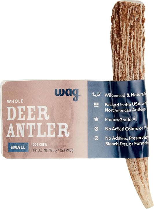 Amazon Brand - Wag Dog Deer Antler Chew, Naturally Shed. Whole, Small, Long Lasting for Aggressive Chewers, Best for Dogs under 15 lbs, 4 - 5.5 inches