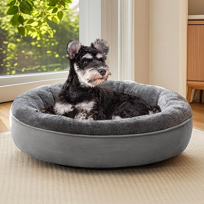 Love's cabin Round Donut Cat and Dog Cushion Bed, 25in Pet Bed for Small or Medium Dogs, Anti-Slip & Water-Resistant Bottom, Soft Durable Fabric Pet Beds, Washable Calming Cat Bed Solid Grey