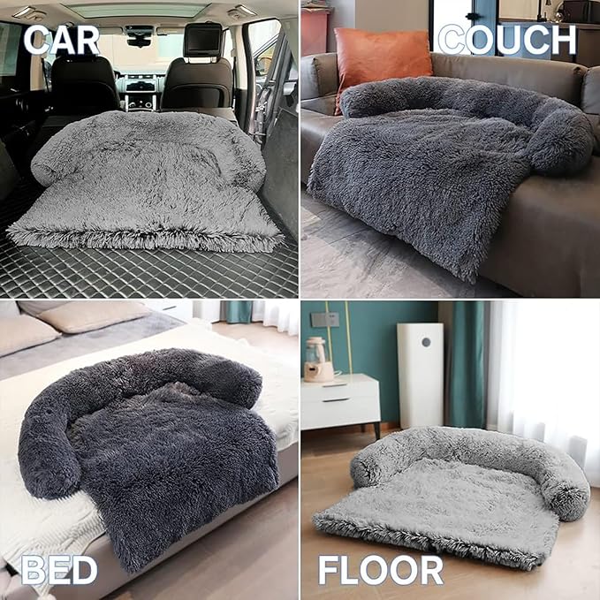Calming Dog Bed Fluffy Plush Dog Mat for Furniture Protector with Removable Washable Cover for Large Medium Small Dogs and Cats (Medium, Grey)