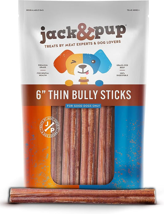 Jack&Pup Premium Thin Bully Sticks - 6 Inch, Odor Free, 100% Beef Dog Chews (10 Pack) for Small Dogs