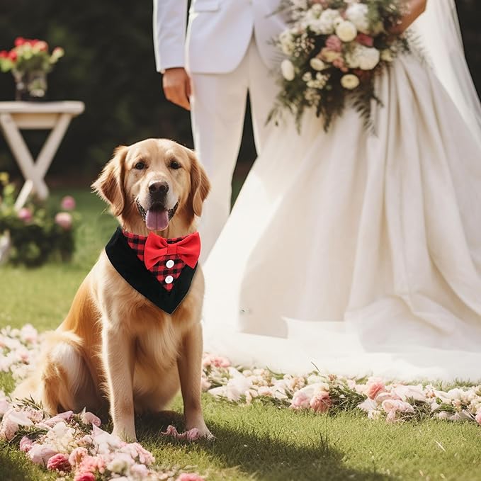 Cyeollo 2Pack Christmas Dog Tuxedo Bandana Collar - Adjustable Costume, Wedding Attire, Party Formal Tux With Bowtie, Puppy Outfit for Small Dogs, Black & Plaid S