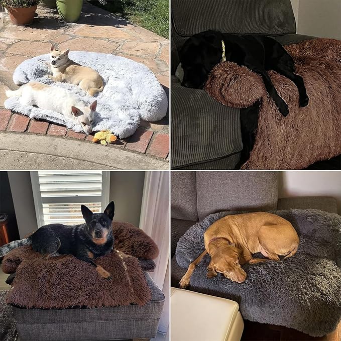 Calming Dog Bed Fluffy Plush Dog Mat for Furniture Protector with Removable Washable Cover for Large Medium Small Dogs and Cats (Large, Coffee)