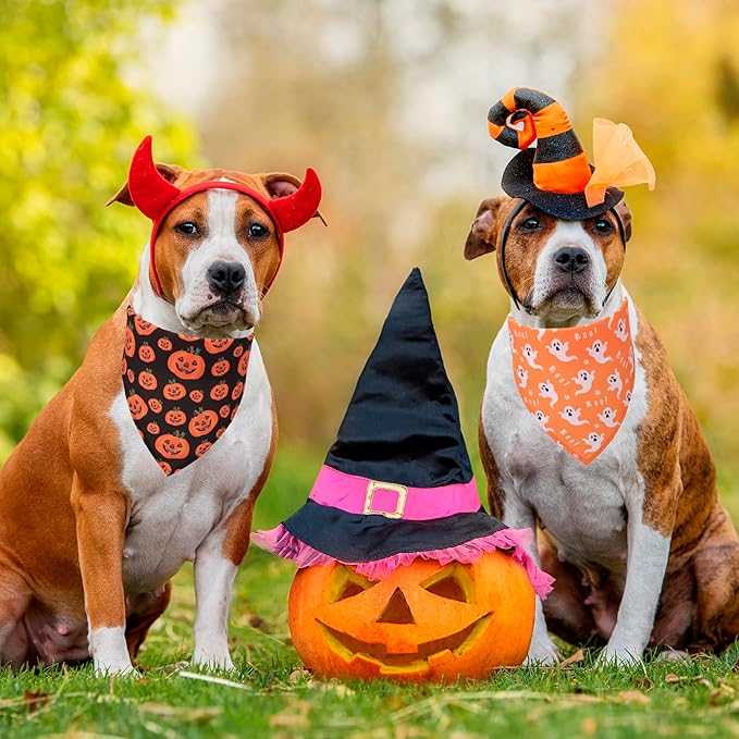 ADOGGYGO 4 Pack Halloween Dog Bandana, Pumpkin Ghost Dog Scarf Bib, Pet Halloween Bandanas Costume Accessories for Medium Large Dogs (Large)