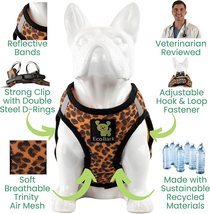 EcoBark Step in Dog Harness - Eco-Friendly Small Breed Dog Harnesses for XXS, XS, and Small Dogs - Reflective and Adjustable Mini Body Halter Vest - Tiny Soft Mesh Toy Breed Harness (Leopard, XS)