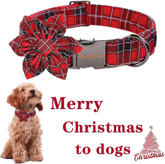 Unique style paws Christmas Dog Collar with Flower Tie Red Black Grid Cotton Collar Adjustable Puppy Plaid Collar for Small Medium Large Dogs-L