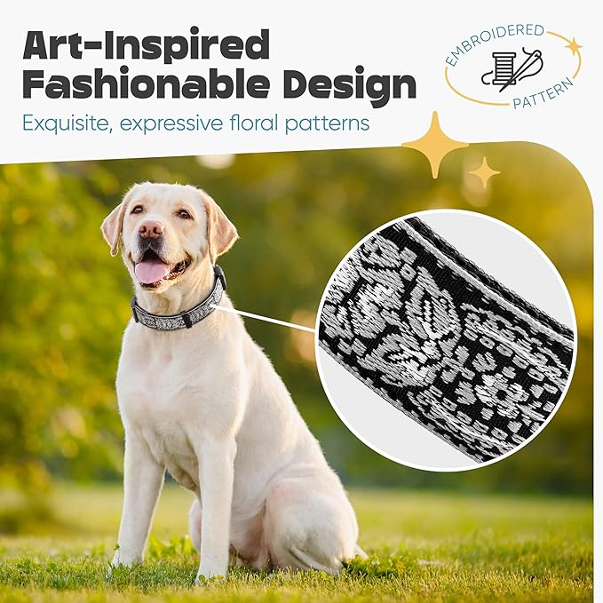 Dog Collar for Medium & Large - Black Silver Woven Pattern on Long Lasting, Adjustable, Strong and Durable Collars for Dogs - Choose from Stunning Patterns and Colors