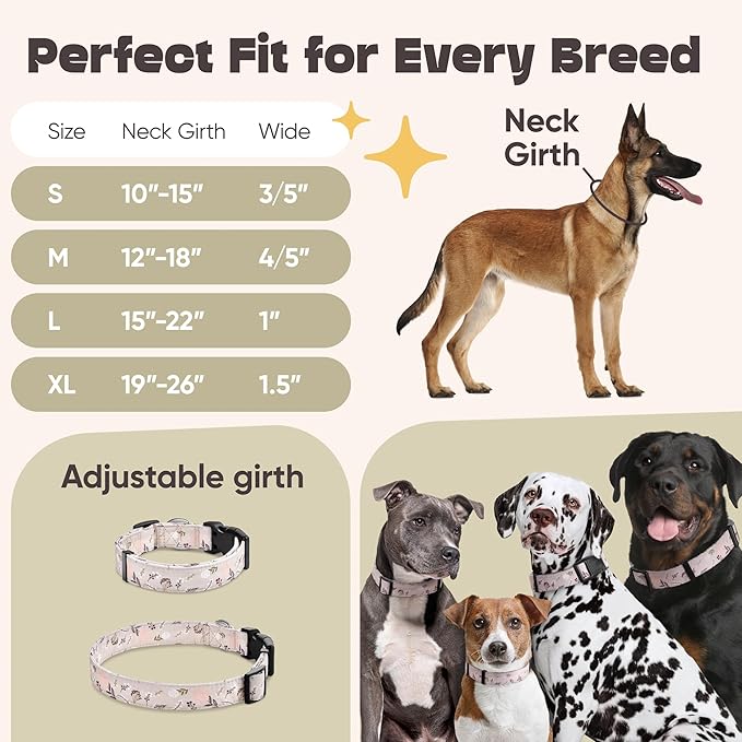 Dog Collar for Medium & Large Dogs - Flowers Cotton Padded Pattern on Long Lasting, Adjustable, Strong and Durable Collars - Choose from Stunning Patterns and Colors