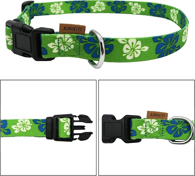 Dog Collar, Cute Floral Pattern, Soft and Adjustable Collar with Quick Release Buckle (L (Neck 16-28", Width 1"), Hawaiian Green)